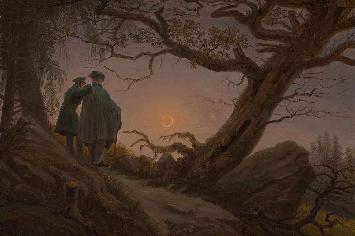 Caspar David Friedrich, Two Men Contemplating the Moon — two figures on a rocky path beneath a gnarled oak, watching a crescent moon at dusk.